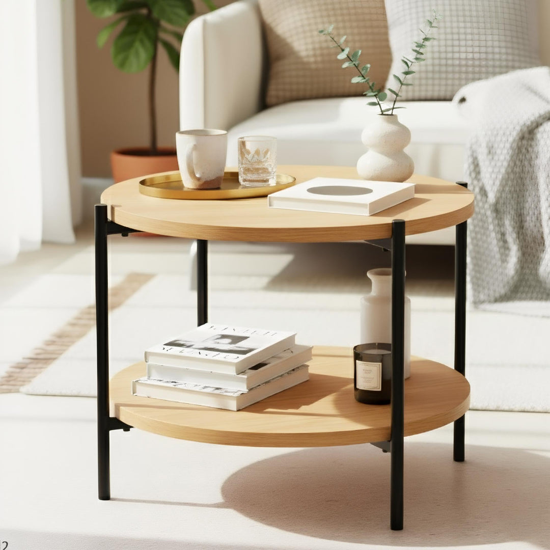 CLP Couchtisch rund Holz Edduma, Sofatisch 2 Ebenen mit Stauraum, Beistelltisch klein Metallgestell