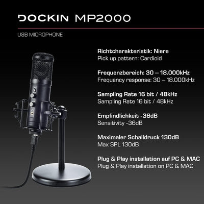 DOCKIN® MP2000 Studio USB Mikrofon für PC & Mac, Null Latenz Monitoring Standmikrofon mit schwerem S