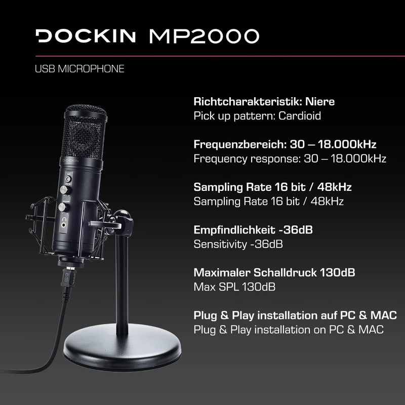 DOCKIN® MP2000 Studio USB Mikrofon für PC & Mac, Null Latenz Monitoring Standmikrofon mit schwerem S