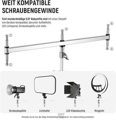 NEEWER klein Galgenarm mit Dreifach Kopf Adapter für C Stand/Lichtstativ, fünf 5/8" Mini Stiften, fü