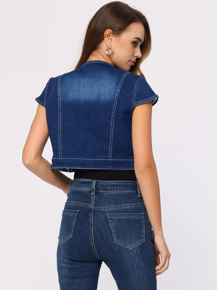 Allegra K Damen Kurz Jeansjacke Bolero Kurzarm Flügelärmeln Elegant Crop Denim Jacke XL Dunkel Blau,