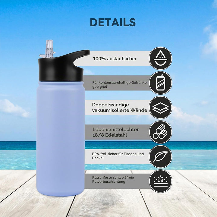 Edelstahl Trinkflasche - 500ml - mit Strohhalm,Auslaufsicher,Kohlensäure Geeignet,BPA frei Thermosfl