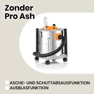 Zeegma ZONDER PRO ASH Trockensauger für Asche und Schutt, Industriestaubsauger 1600W, Edelstahlbehäl