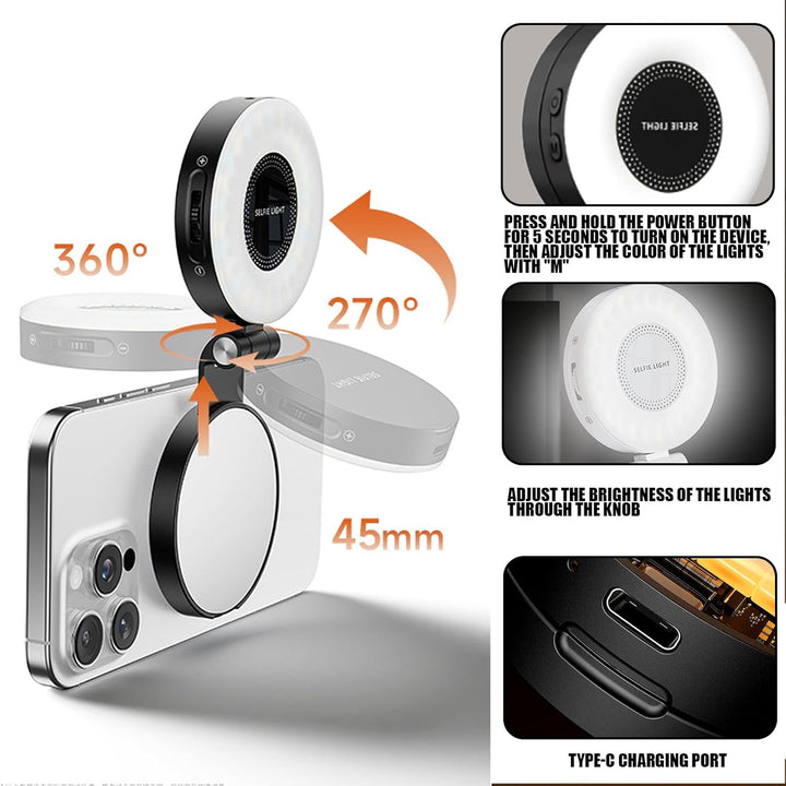 Magnetisches Handy Ringlicht, Selfie Licht mit 3 Farbtemperaturen CRI95 360° 2500k-9000k, Videoleuch