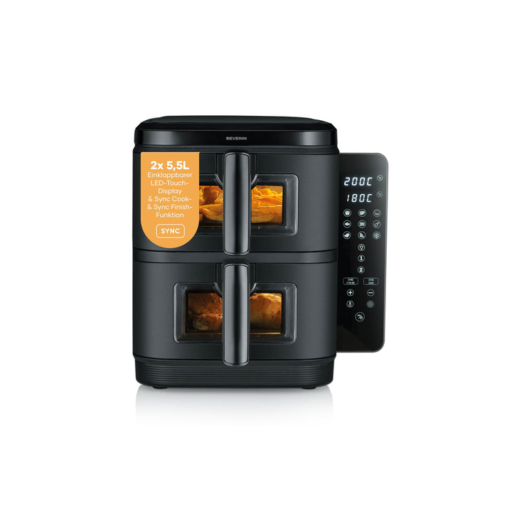 Severin Duo Stack Heissluftfritteuse, 2 x 5,5 L Garraum, 2 Kammern, gesundes Kochen, 9 Automatik-Pro