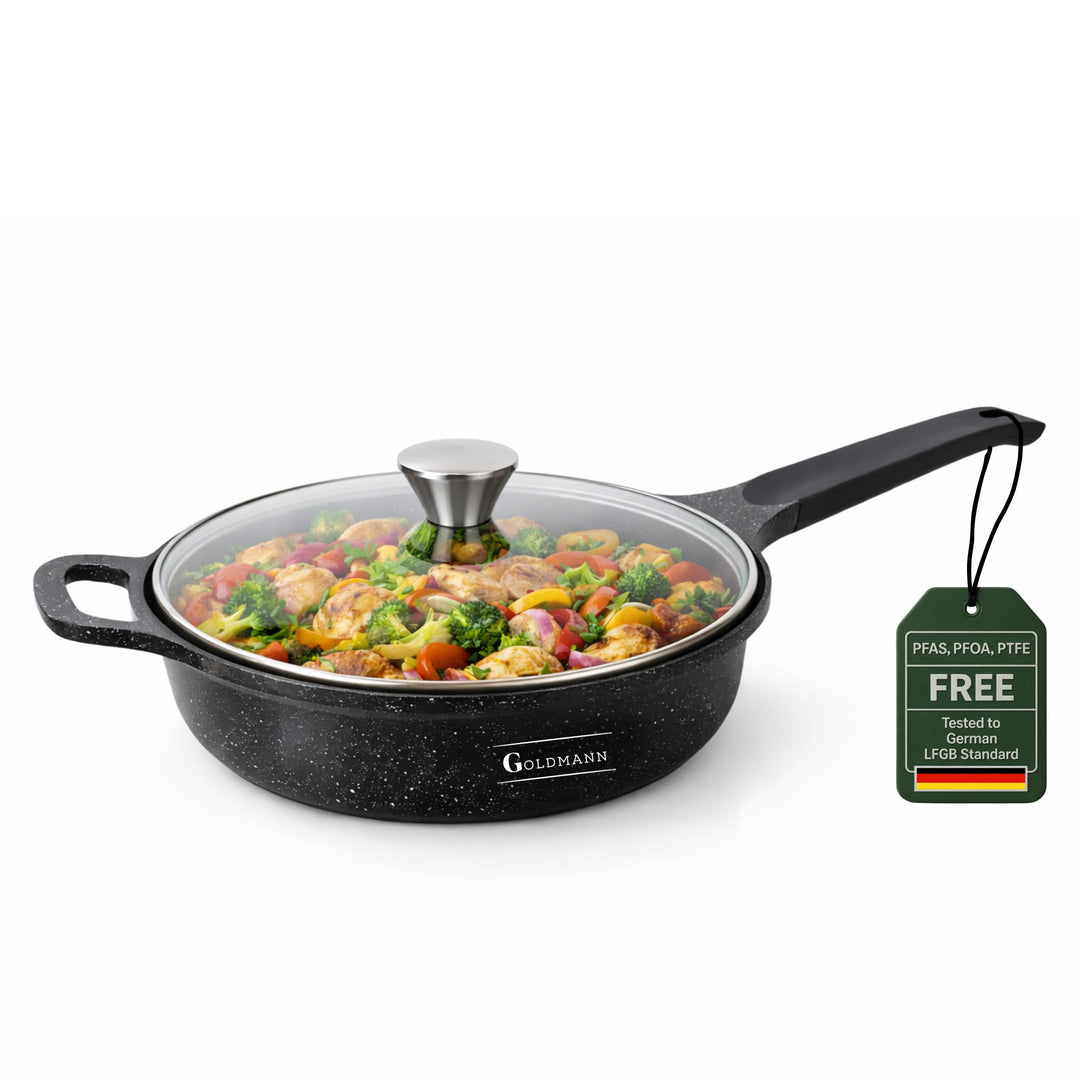 Goldmann Sauteuse 24 CM mit Deckel – Tiefe Bratpfanne aus Guss-Aluminium mit Marmor-Keramik Antihaft