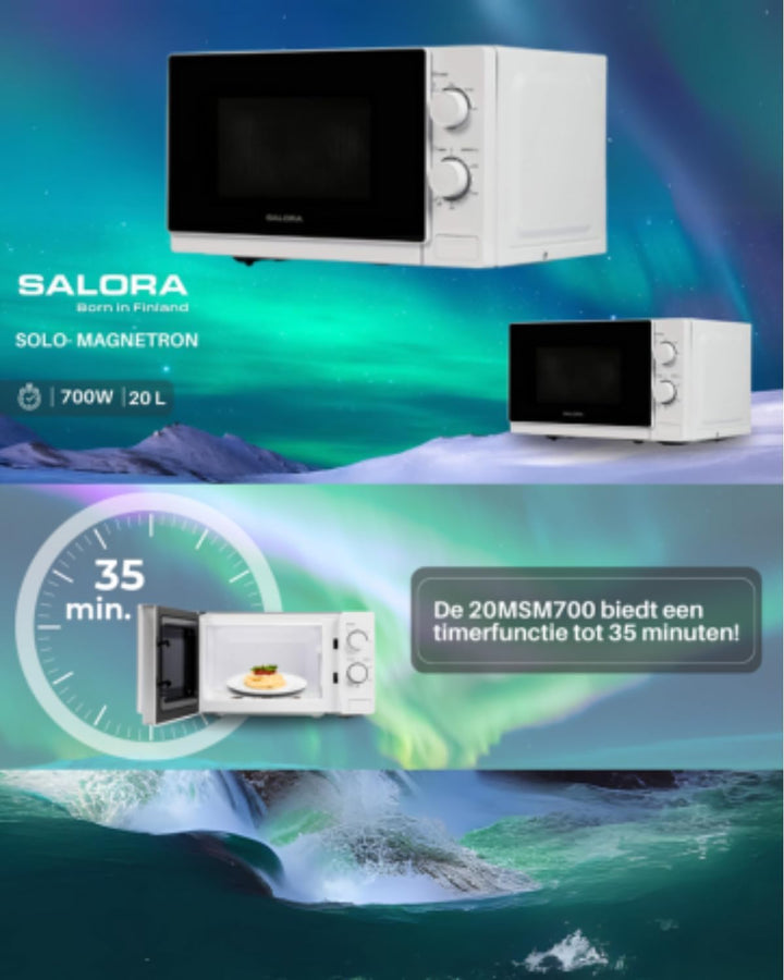 Salora 20MSM700 Mikrowelle 20L, 700W, Einfach zu Bedienen, 5 Leistungsstufen, Auftaufunktion, 35 Min