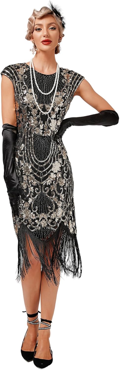VILOREE 1920s Kleid Damen Flapper Charleston Kleid Gatsby Pailletten Cocktail Abschlussballkleid Par