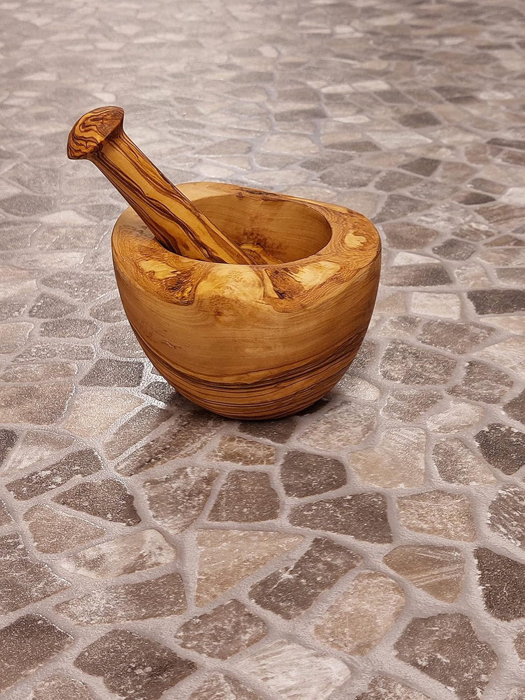 Handmade Olivenholz rustikal Mörser mit Stössel Ø 14 cm, Holzmörser, Gewürzmühle, Gewürz Mörser, han