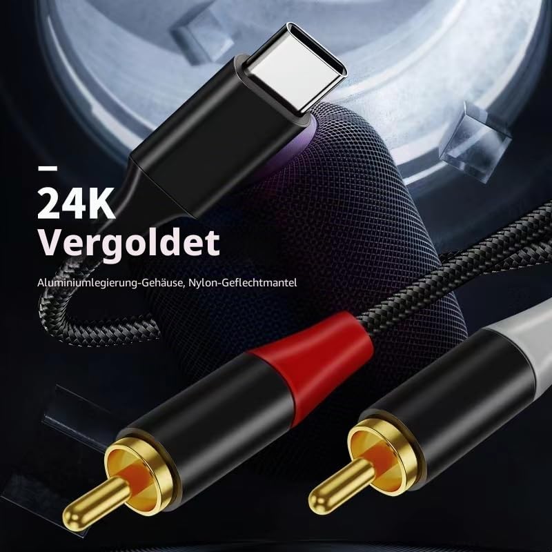 USB C auf Cinch Audio Kabel Type C auf 2RCA Stereo Adapterkabel kompatibel mit iPhone 15 -Serie, iPa