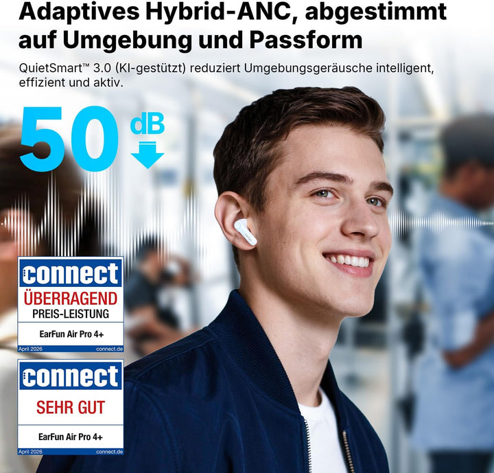 EarFun Air Pro 4+ Bluetooth Kopfhörer mit Noise Cancelling, Hybrid-Treibersystem, Hi-Res Audio, aptX
