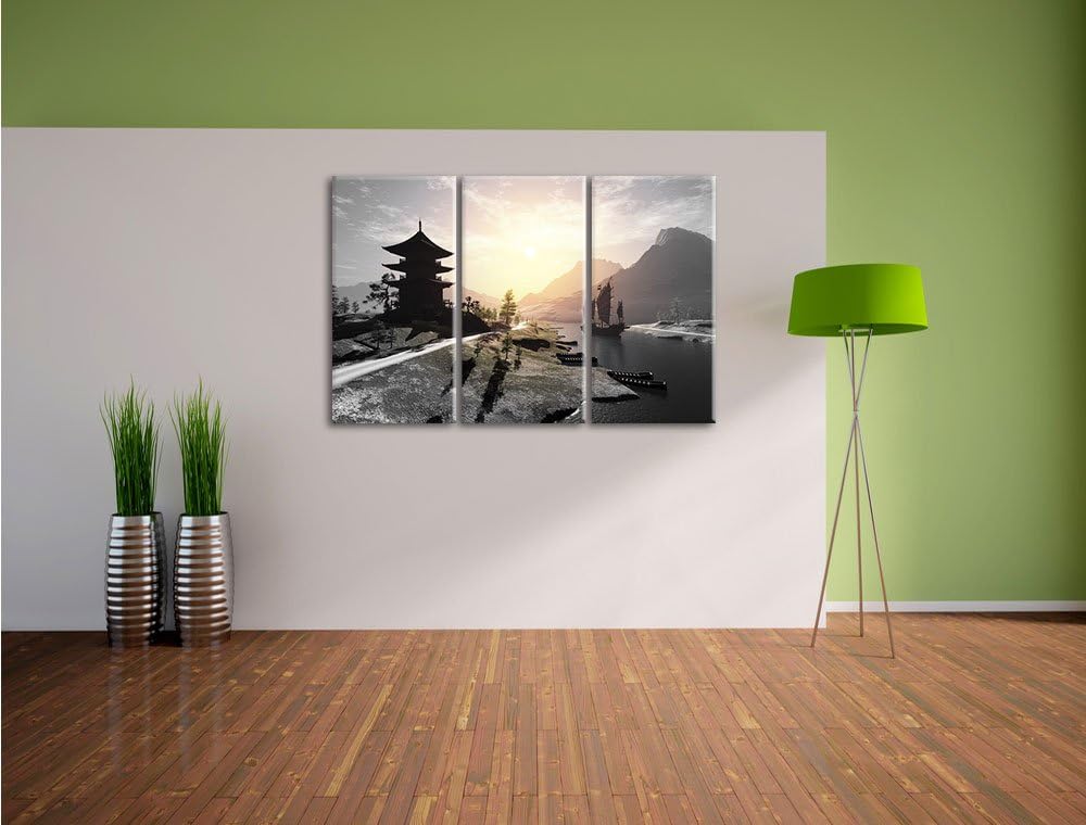 Pixxprint asiatischer Tempel an Fluss als Leinwandbild/Grösse: 3 Teilig (120x80 cm) cm/Wandbild/Kuns