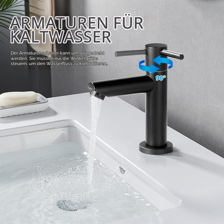 Wasserhahn Bad Schwarz+Wasserzulaufleitung, Edelstahl, Kaltwasserhahn Gäste Wc,Mischbatterie Waschbe