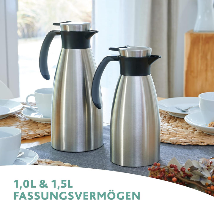 Emsa Soft Grip Isolierkanne, 1,5 Liter, Edelstahl, 12 Stunden heiss + 24 Stunden kalt, Auslaufsicher
