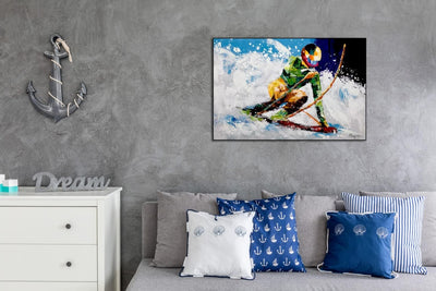 KunstLoft Leinwandbild | 100% HANDGEMALT | 90x60cm | Gemälde 'Ride in the Snow' | Winter | Blau Weis