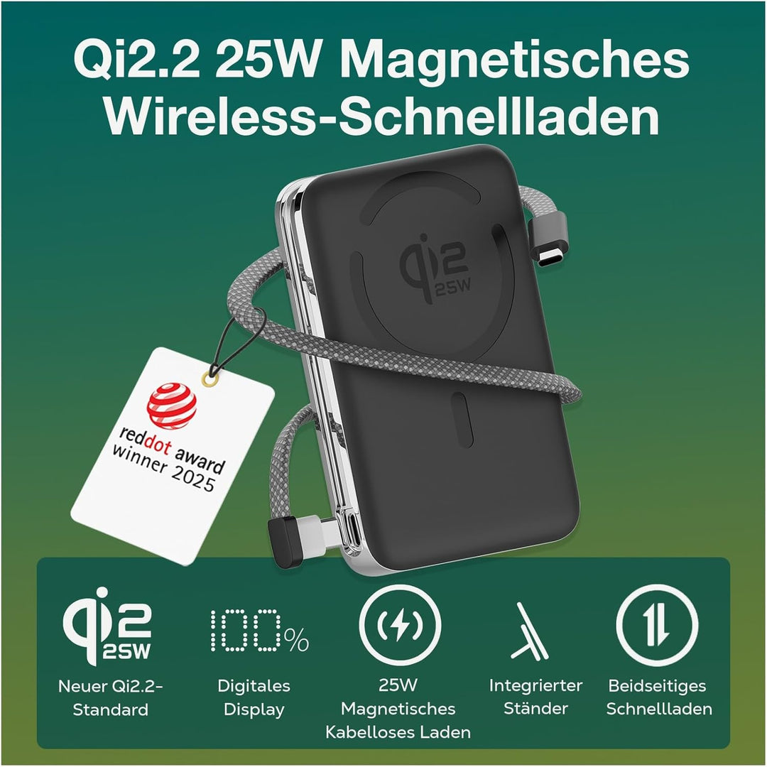 Magnetische Powerbank Qi2.2 25W Zertifiziert – Wireless Powerbank 10000mAh Schnellladen Ladegerät -