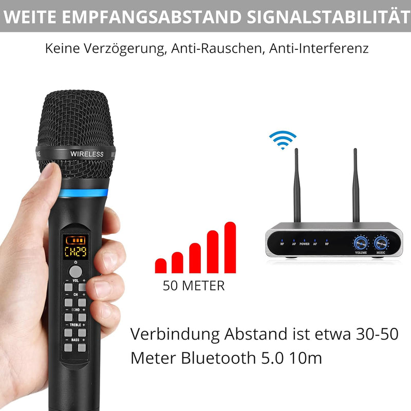 PROZOR Dual Drahtloses Mikrofon Abstimmbares UHF mit Bluetooth Wiederaufladbares Mikrofon Kabelloses