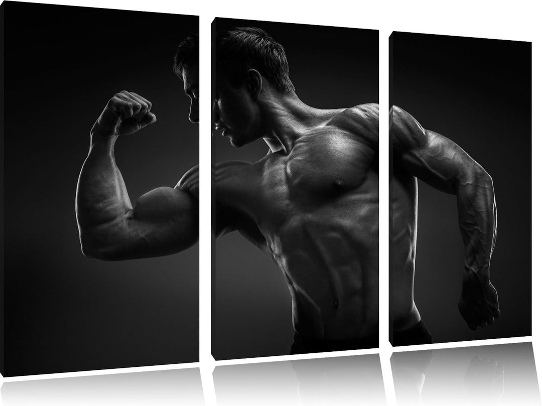 Dark Posender Bodybuilder schwarz/weiss 3-Teiler Leinwandbild 120x80 Bild auf Leinwand, XXL riesige