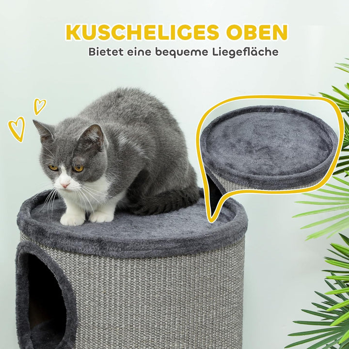 PawHut Kratztonne 70 cm Hoch Ø 38 cm dreistöckige Katzentonne mit Plüschrand, Katzenhöhle, Kratzbaum