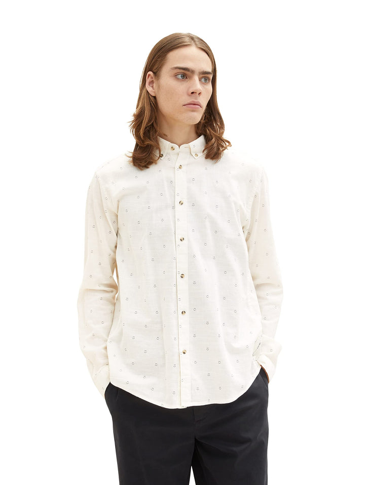 TOM TAILOR Denim Herren Hemd mit Muster M 31384 - White Smiley Print, M 31384 - White Smiley Print