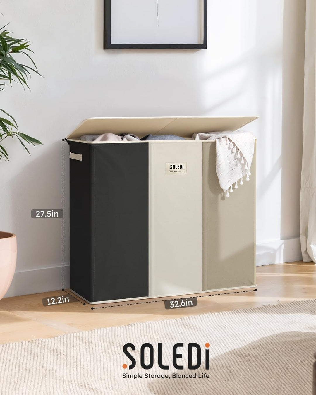 SOLEDI 180L Wäschekorb, Wäschesammler 3 fächer mit Deckel und 3 Wäschesack - Wäschesortierer Gross X