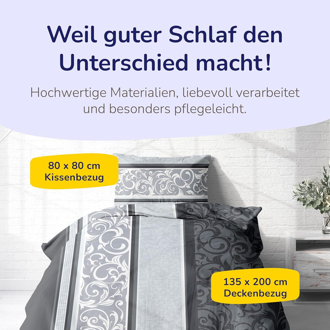 Träumschön Bettwäsche Biber Grau 4 teilig 135x200 - Bettwäsche 135x200 4teilig Biber mit Paisley Des