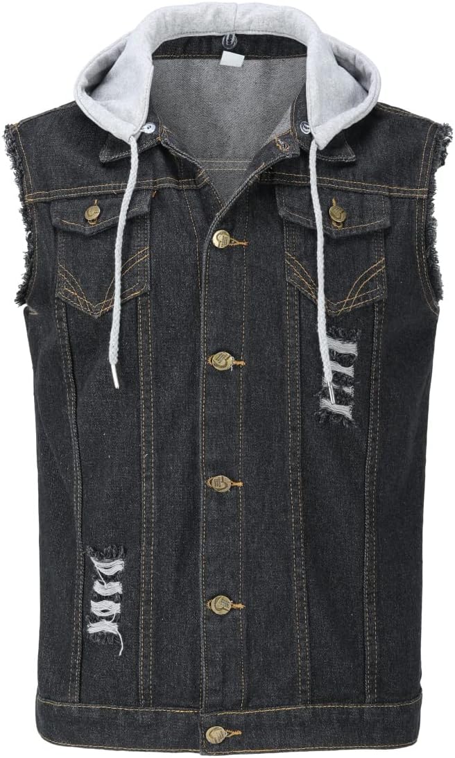 YOUTHUP Weste Herren Denim Weste mit Kappe Regular Fit Zerrissen Jeansweste Ärmellose Freizeitweste