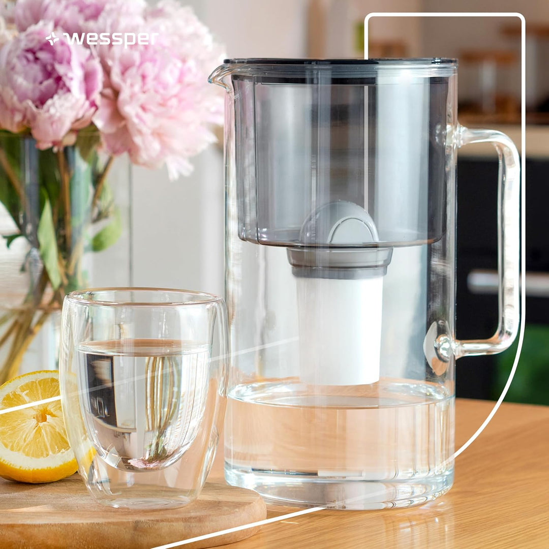 Wessper Wasserfilter Kanne Glas 2,5L Crystaline, Set Wasserkanne und 2 Filter AQUA CLASSIC, Wasserka