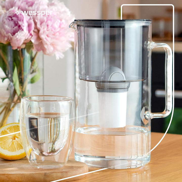 Wessper Wasserfilter Kanne Glas 2,5L Crystaline, Set Wasserkanne und 2 Filter AQUA CLASSIC, Wasserka
