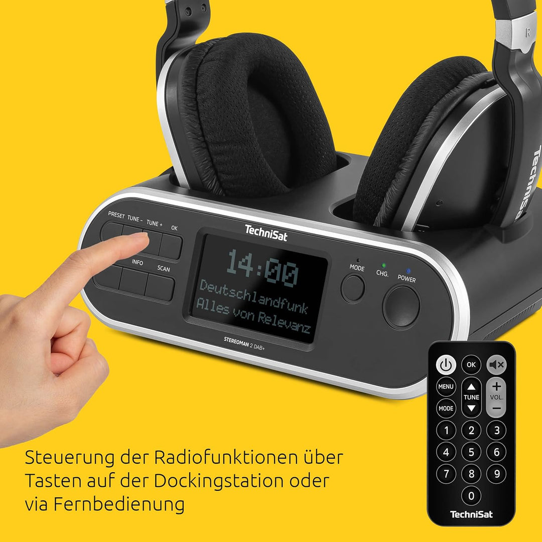 TechniSat STEREOMAN 2 DAB+ - kabelloser 2,4GHz Funkkopfhörer (mit Dockingstation, DAB+/UKW-Radioempf