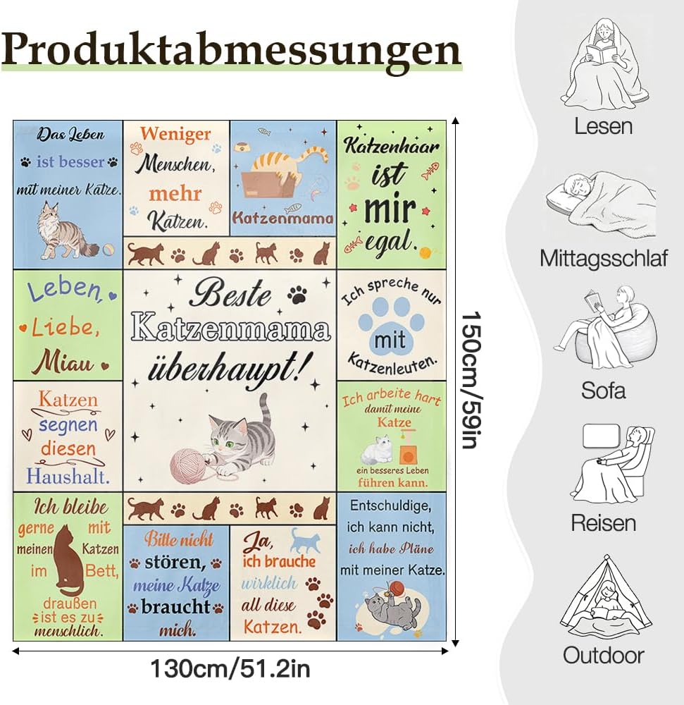 Mama Geschenk Kuscheldecke 150×130CM Flanelldecke Schlafdecke für Mama Katzenmam Oma Muttertagsgesch