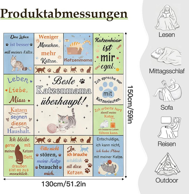 Mama Geschenk Kuscheldecke 150×130CM Flanelldecke Schlafdecke für Mama Katzenmam Oma Muttertagsgesch