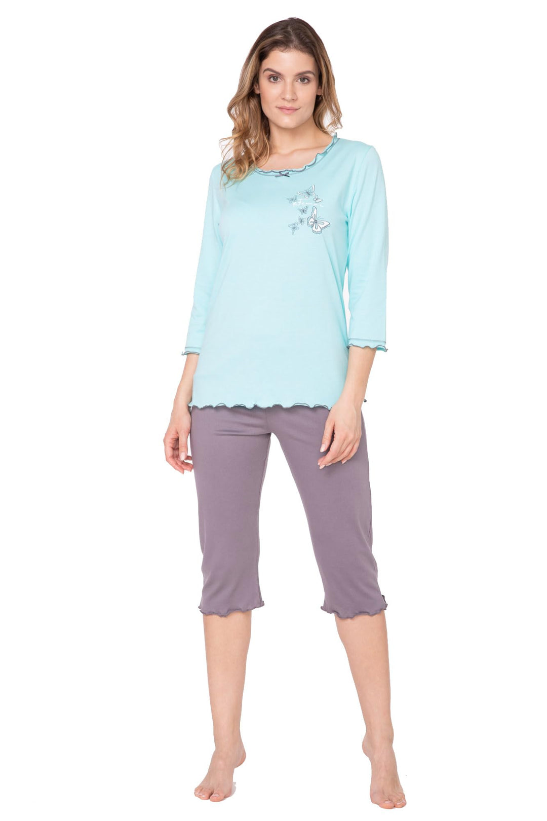 e.Femme® Damen Schlafanzug 259 aus Baumwolle und Modal 36 Mint/Taupe, 36 Mint/Taupe