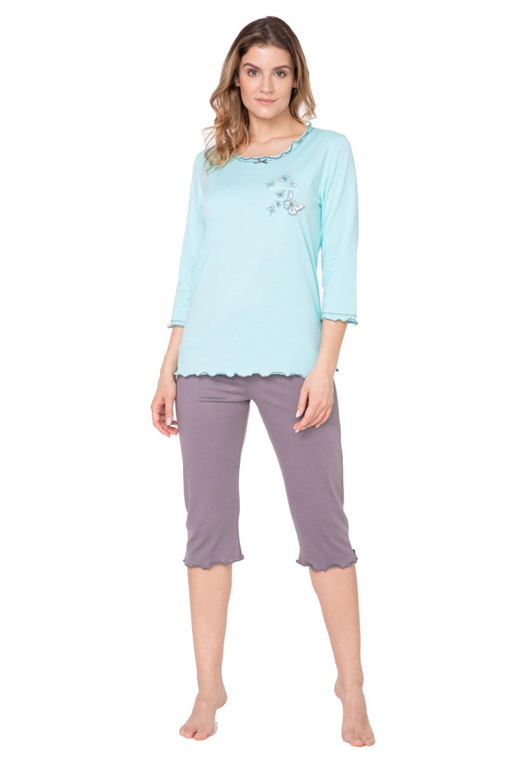 e.Femme® Damen Schlafanzug 259 aus Baumwolle und Modal 36 Mint/Taupe, 36 Mint/Taupe