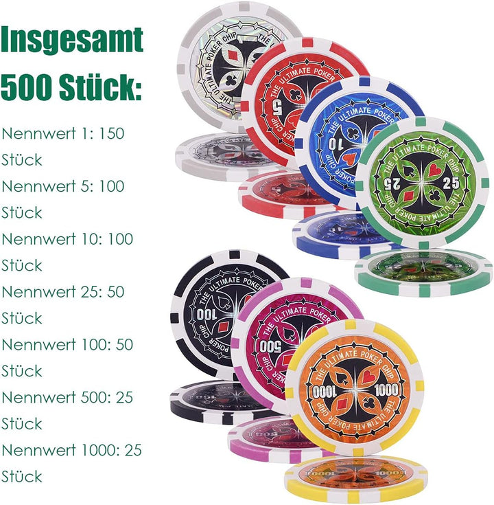 GOPLUS 500 Laserchips Pokerset, Poker Komplett Set, Pokerkoffer Set, inkl. 500 Laserchips, 2 Pokerde