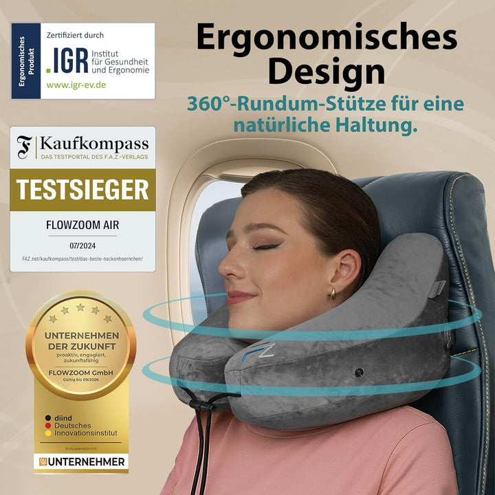 FLOWZOOM Air Nackenkissen Flugzeug in H-Design, Reisekissen für 5 Schlafpositionen, schnell aufblasb