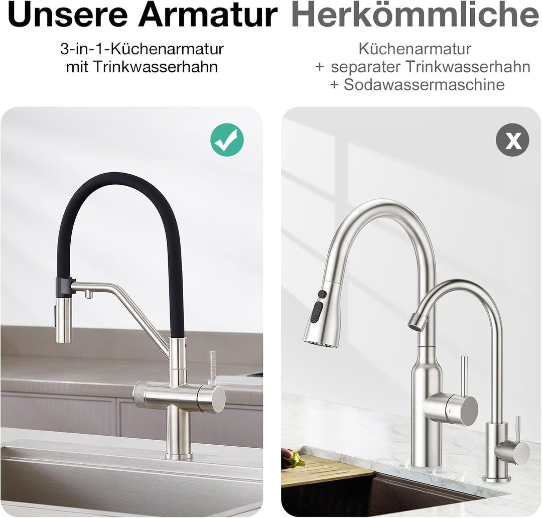 Faustina 4 Wege Küchenarmatur abnehmbar, Doppelhebel Armatur Wasserhahn Küche mit Trinkwasser und So