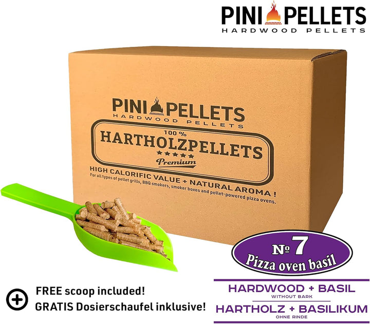 PINI Hartholzpellets № 7 BBQ Pizza Oven Basilikum 10 Kg Grillpellets zum Grillen Räuchern Smoken