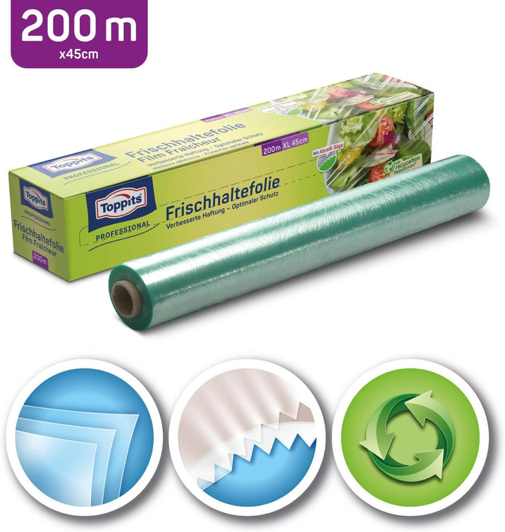 Toppits Frischhaltefolie 200 m in 45 cm Breite, 1er Pack (1 x 1 Stück) XL, inkl. Abreishilfe