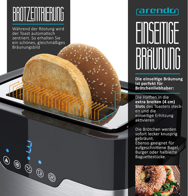 Arendo - Toaster 2 Scheiben Edelstahl - Touchdisplay – mit Brötchenaufsatz - extra breite Schlitze –
