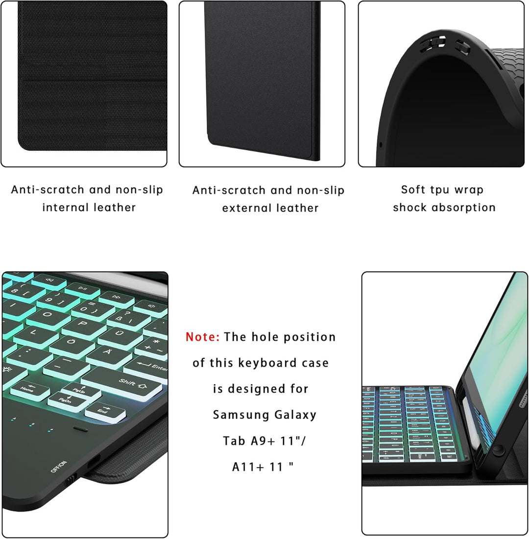 für 11 Zoll Samsung Galaxy Tab A9+ /A11+ Hülle mit QWERTZ Tastatur - Regenbogen-Hintergrundbeleuchtu