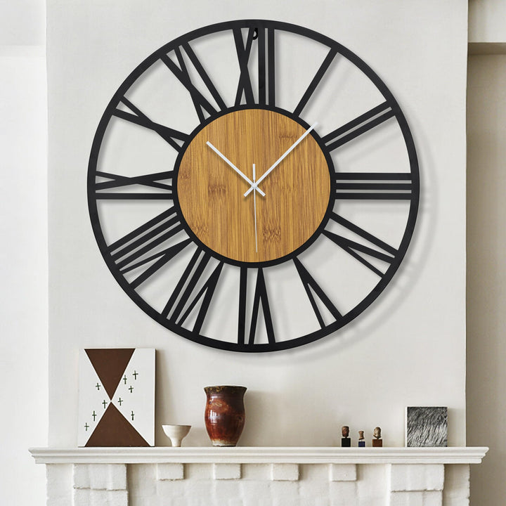 50 cm runde Holz-Wanduhr schwarz für Wohnzimmer-Dekoration, Vintage-Stil, römische Ziffern, geräusch