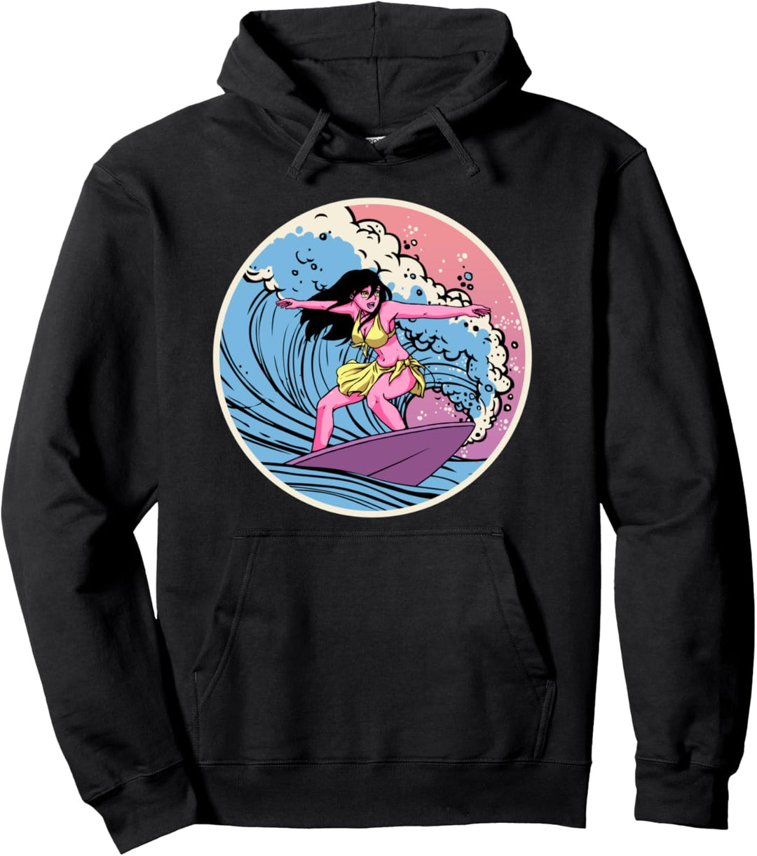 Surfer Anime Girl Vaporwave Surfboard Retro Wave Surfen Pullover Hoodie