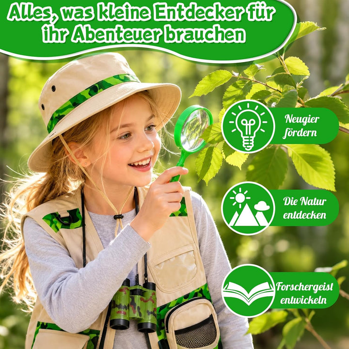 11 Pcs Forscherset für Kinder, Safari Kostüm mit Umfangreichem Zubehör Grün | Safari Kostüm-Set für
