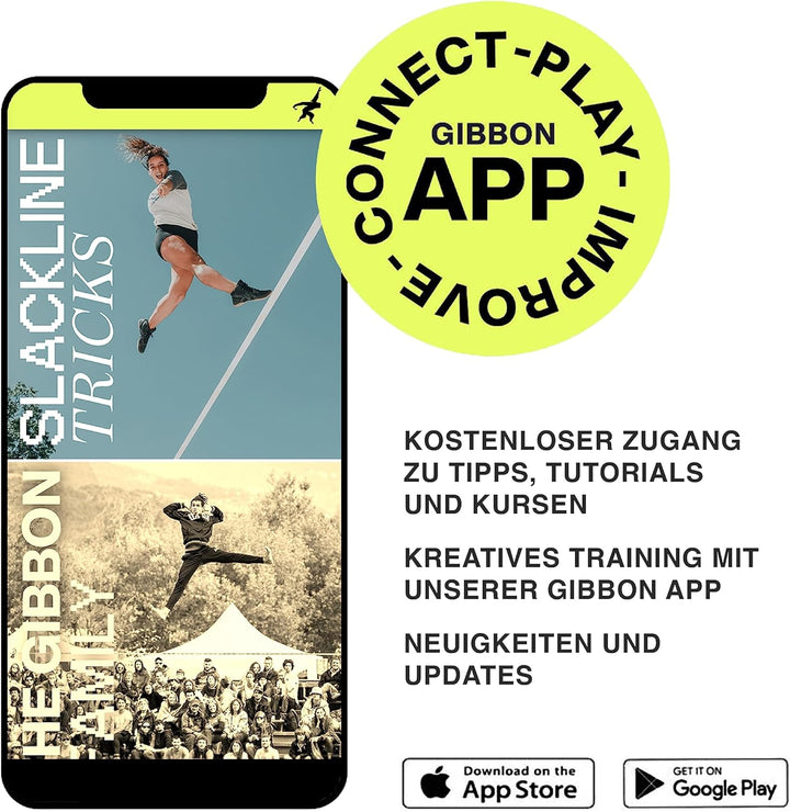 Gibbon Slacklines Classic Original Komplett-Set | 25m | TÜV Geprüft | Balance und Spass mit Trampoli