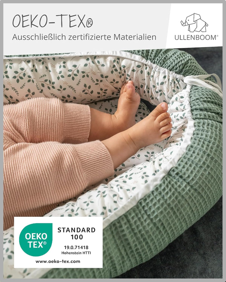 ULLENBOOM ® Babynest & Kuschelnest (55x95 cm) Floral-Grün (Made in EU) - Babynestchen für Neugeboren