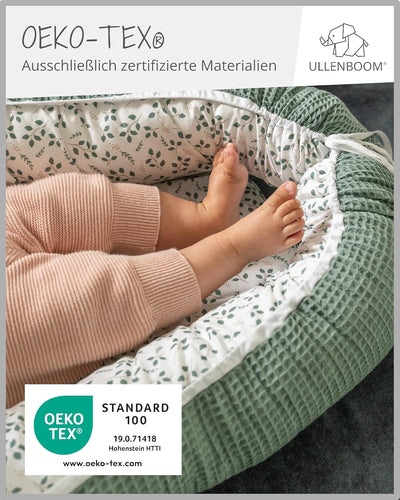 ULLENBOOM ® Babynest & Kuschelnest (55x95 cm) Floral-Grün (Made in EU) - Babynestchen für Neugeboren