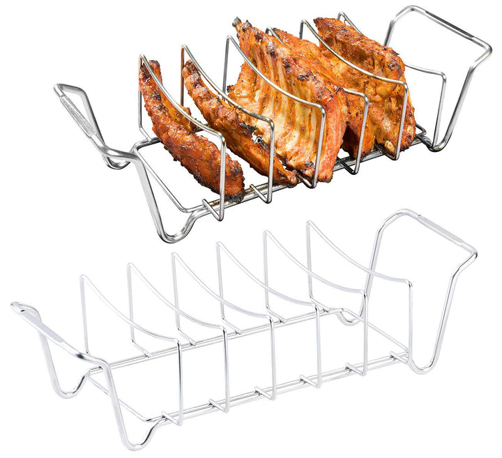 Rosenstein & Söhne Grill-Gestell-Halter: 2er-Set 2in1-Sparerib-Halter & Bratenkorb für Grill & Ofen,