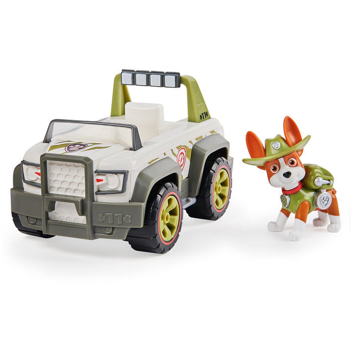 PAW PATROL, 10. Jubiläum, Dschungel-Fahrzeug mit Tracker-Figur (Basic Vehicle/Basis Fahrzeug), Spiel