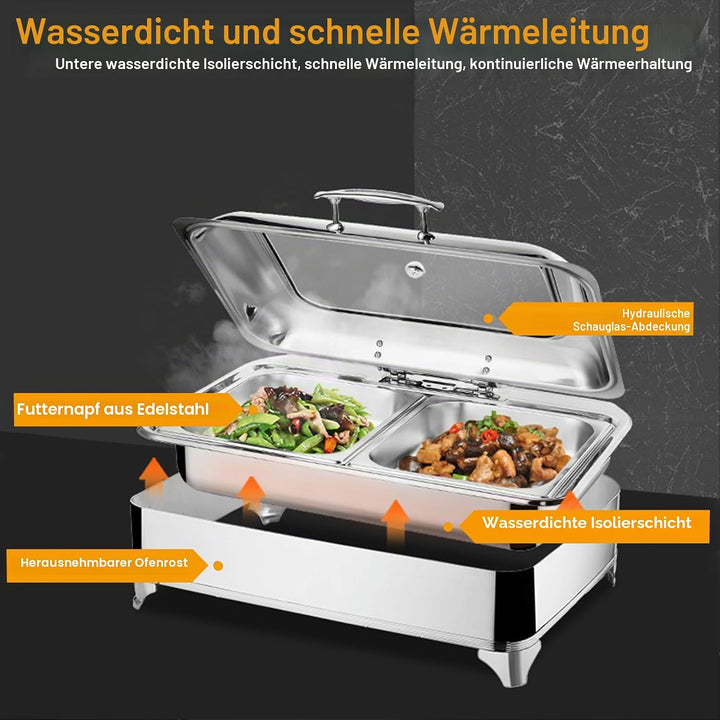Chafing Dish Elektrisch, 9L Edelstahl Speisenwärmer Buffetwärmer mit Sichtbarem Glasdeckel, Kommerzi